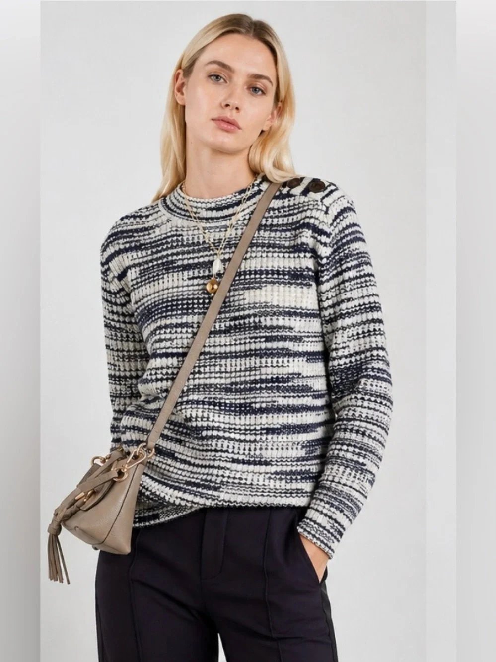 See by Chloé Button Shoulder Knit Sweater Navy Cream Space Dye Medium
